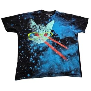 Threadless Mister Mittens Big Adventure Laser Cat Space Galaxy Black T-Shirt L